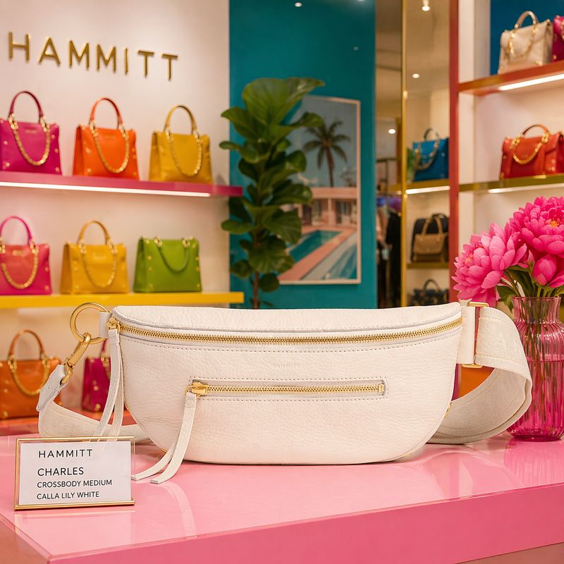 Hammitt Charles Crossbody Medium bag in calla lily white leather with brushed gold hardware displayed in a colorful, well-lit