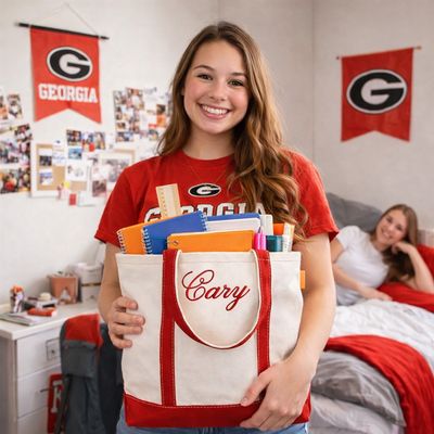 Personalized red trim canvas tote bag with embroidered name filled with books and school supplies in a college dorm room