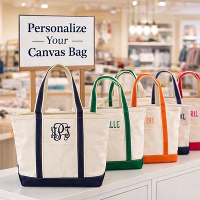 Display of personalized canvas tote bags with monogram options in multiple colors on retail counter