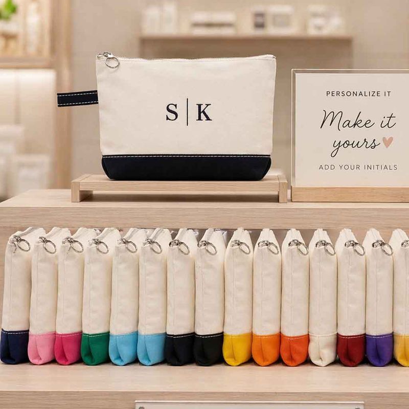 Personalized canvas makeup bags displayed in multiple colors with custom embroidery and monogram options