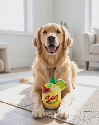 Spicy Muttgarita squeaker plush dog toy by Haute Diggity Dog in a lifestyle setting, featuring a margarita-themed design with bright colors and textured plush fabric