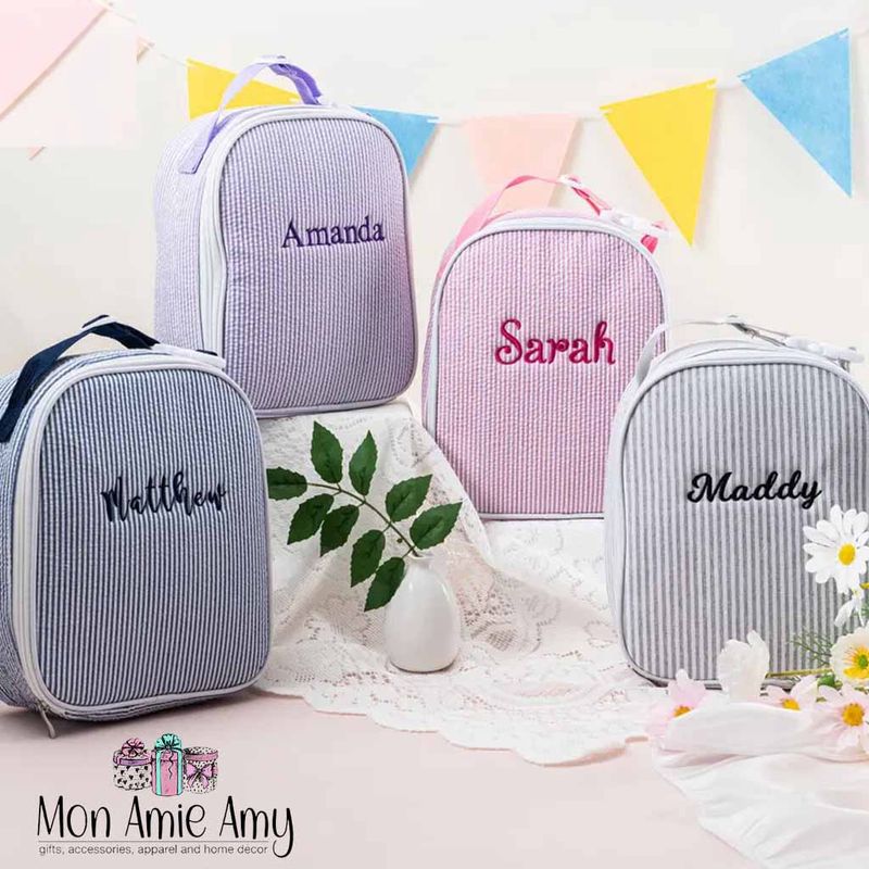 Personalized Seersucker Kids Gumdrop Lunch Box – Custom Embroidered Name