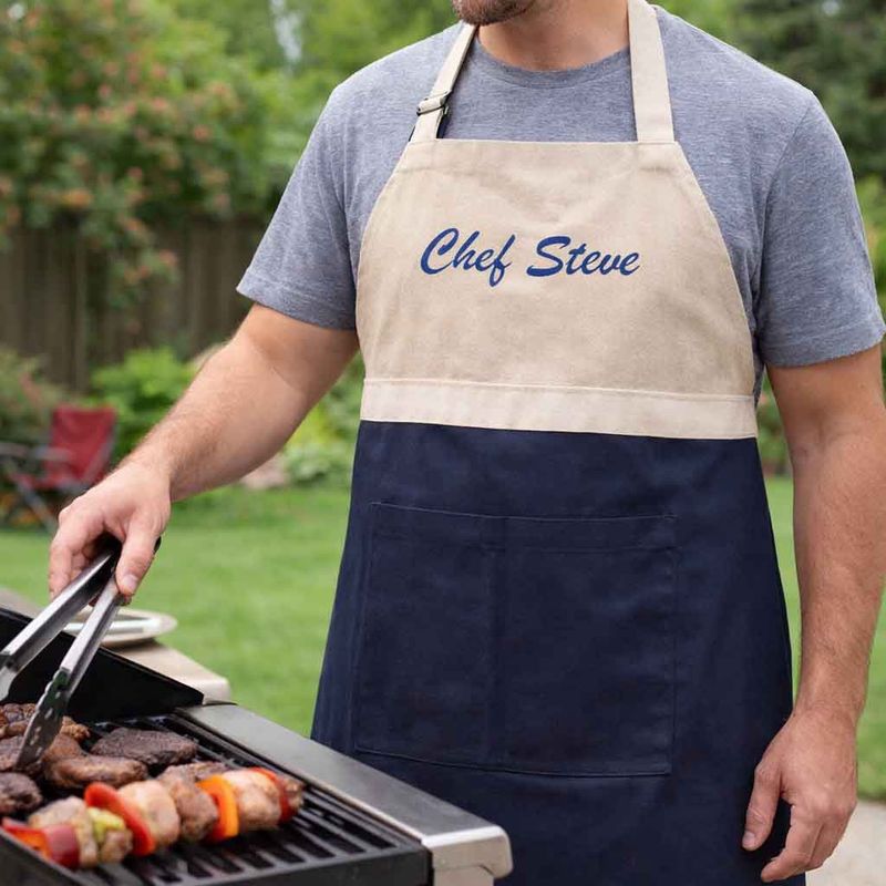 Man grilling outdoors wearing personalized apron with Chef Steve embroidery at backyard barbecue
