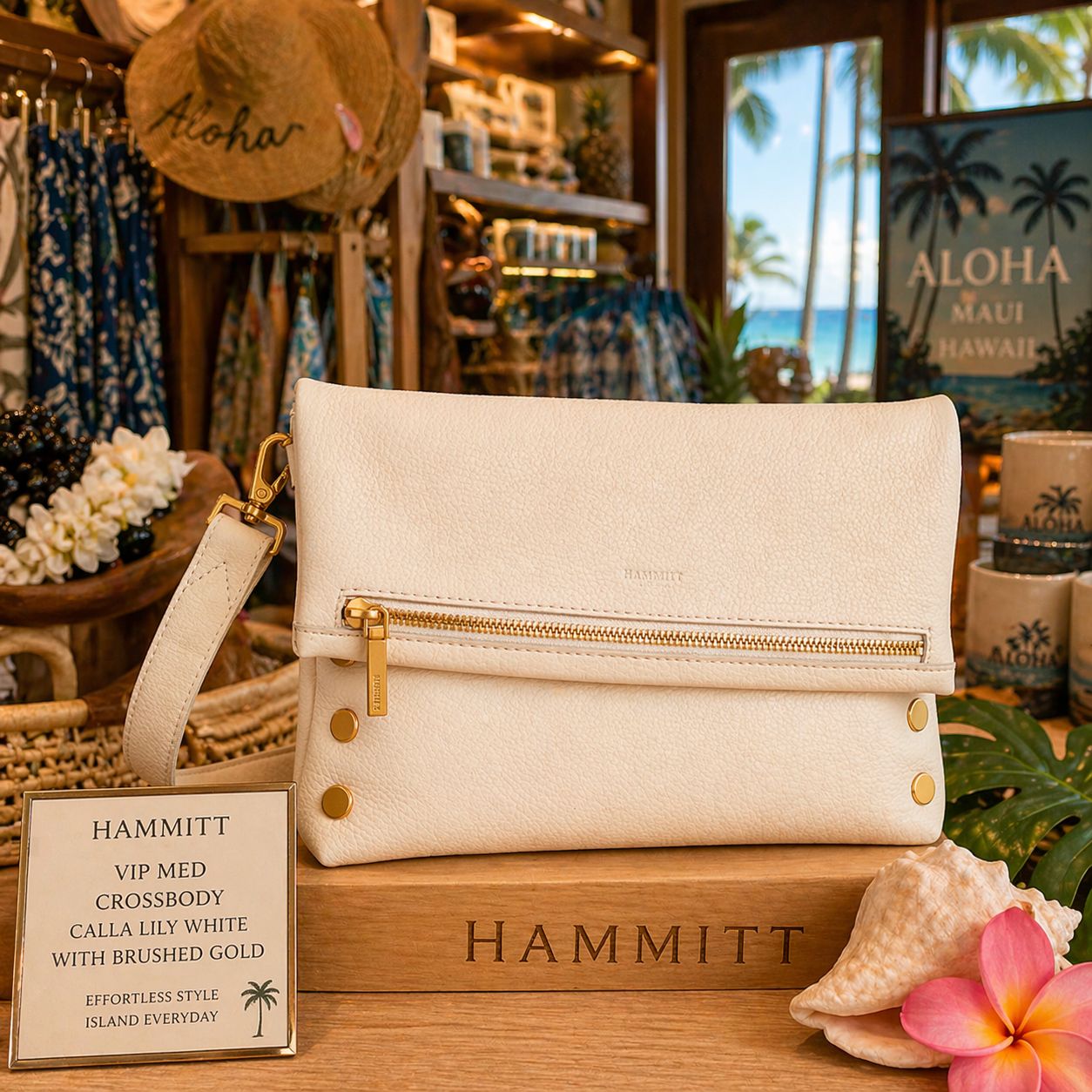 Hammitt VIP Med crossbody bag in Calla Lily White with brushed gold hardware displayed in a tropical resort gift shop