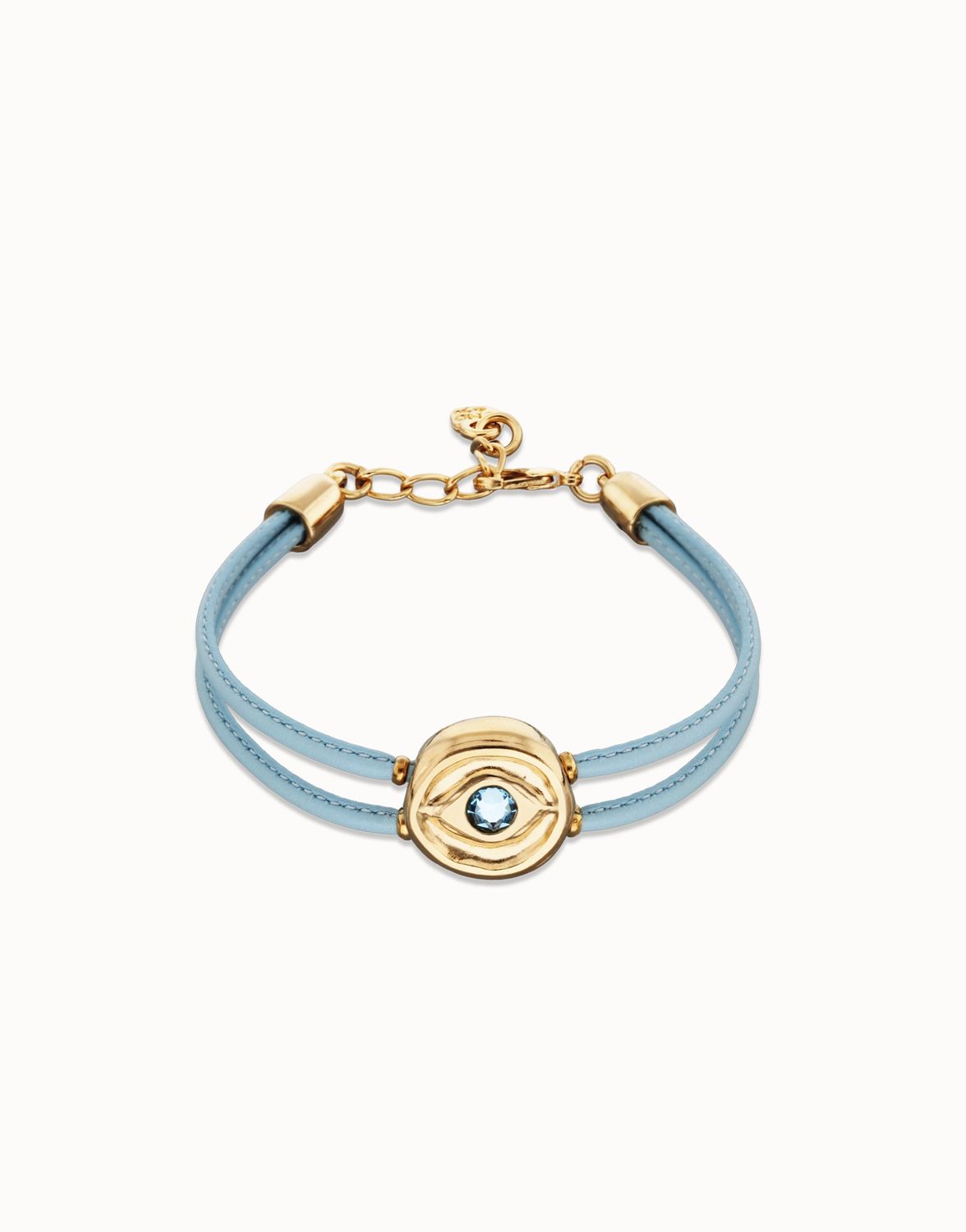 Uno de 50 Ser Intuitiva Double Leather Gold Eye Bracelet, Colour: Light Blue