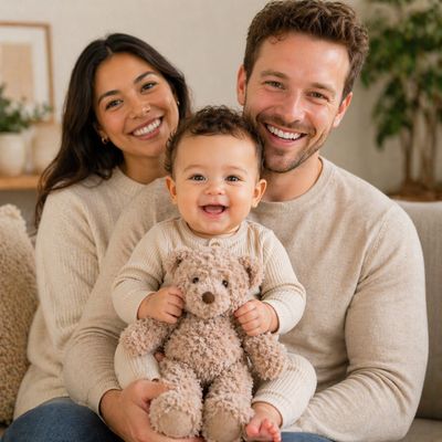 Smiling baby sitting on father’s lap holding soft plush teddy bear lovey with mother behind them, happy family lifestyle baby