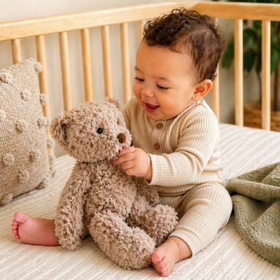 Baby sitting in crib playing with soft plush teddy bear lovey toy, cozy nursery scene with neutral tones and infant comfort t