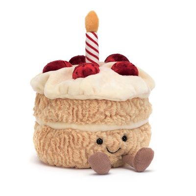 Jellycat Amuseables Birthday Cake plush toy with cream frosting texture and colorful candle details on a neutral background