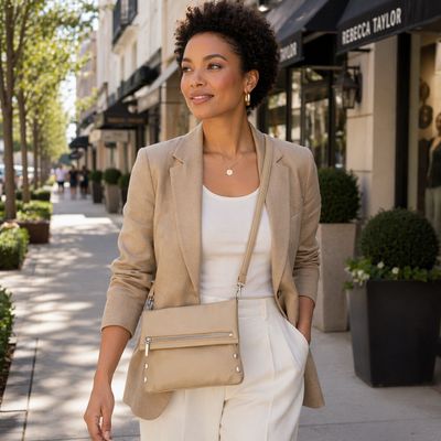 Woman wearing Hammitt limestone leather crossbody bag walking in an upscale shopping district