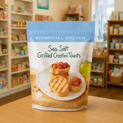 Stonewall Kitchen Sea Salt Grilled Crostini Toasts pouch displayed in a casual table setting with fresh ingredients and a glass of wine
