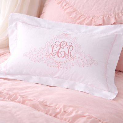 Personalized pink crest baby pillow in white cotton with monogram initials, 10x15 boudoir pillow for nursery decor