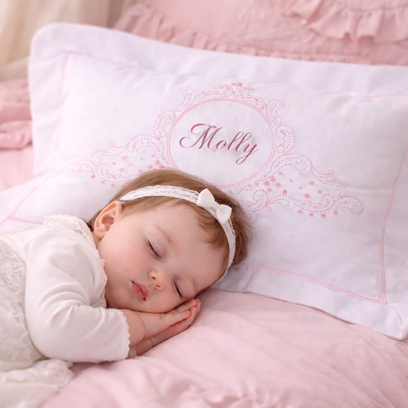 Baby girl sleeping on personalized white pillow with pink crest embroidery and name Molly, soft pink nursery bedding
