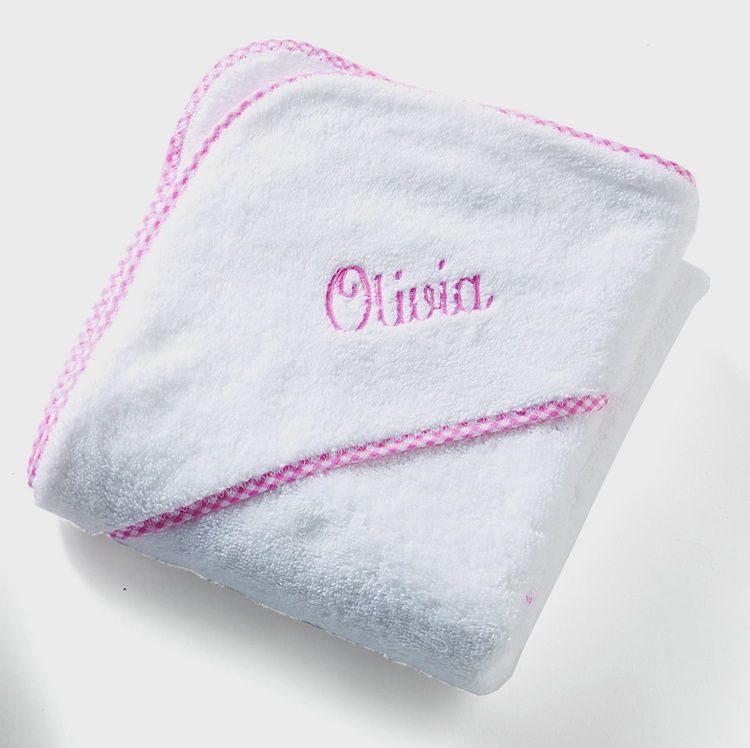 White baby hooded towel with pink gingham trim and embroidered name Amelia, soft personalized newborn bath towel