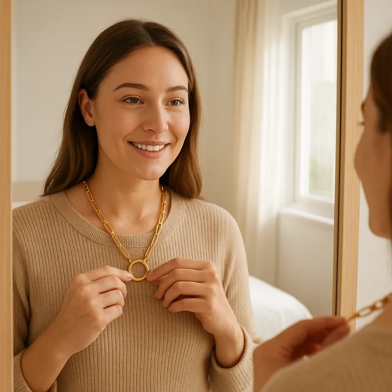 Gold charm necklace worn in a lifestyle setting, showing the Thea design with 18-inch length and delicate gold detailing
