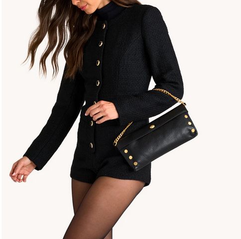 Hammitt Invitation Clutch Black Leather with Brushed Gold Hardware