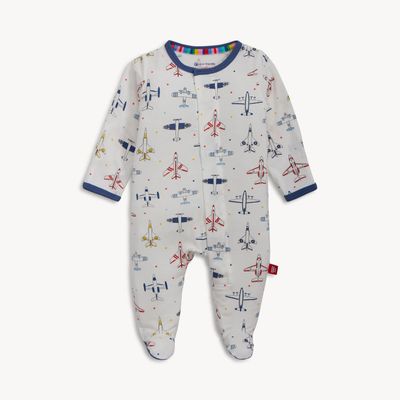 Magnetic Me Just Plane Fun modal footie pajama in blue with airplane print, displayed flat on white background