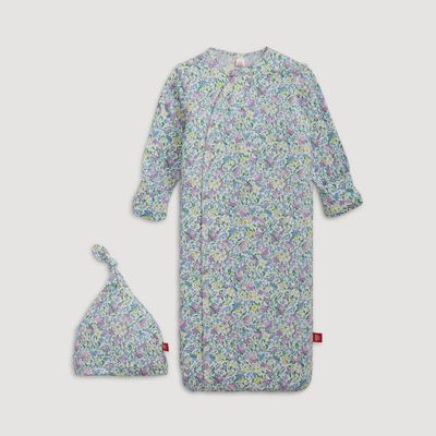 Lavinia modal magnetic gown and matching hat set for newborns in lavender, displayed on a neutral background