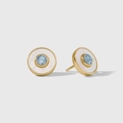 Julie Vos Colette Circle Stud Earrings in 24K gold-plated brass with cubic zirconia and mother of pearl on white background