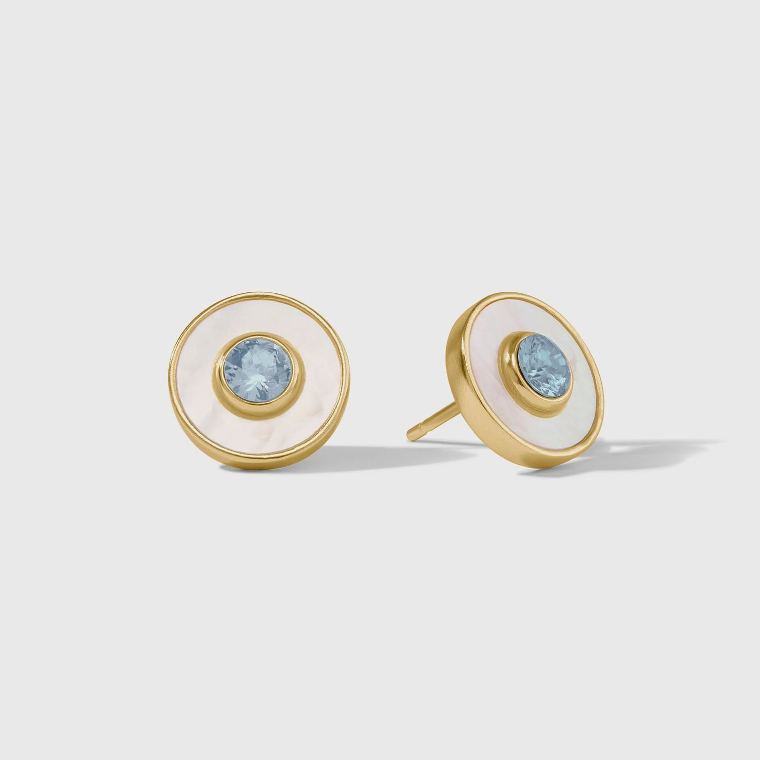 Julie Vos Colette Circle Stud Earrings 24K Gold CZ Mother of Pearl, Colour: Chalcedony Blue