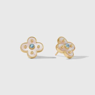 Julie Vos Colette stud earrings in 24K gold with cubic zirconia and mother of pearl, photographed against a neutral studio background
