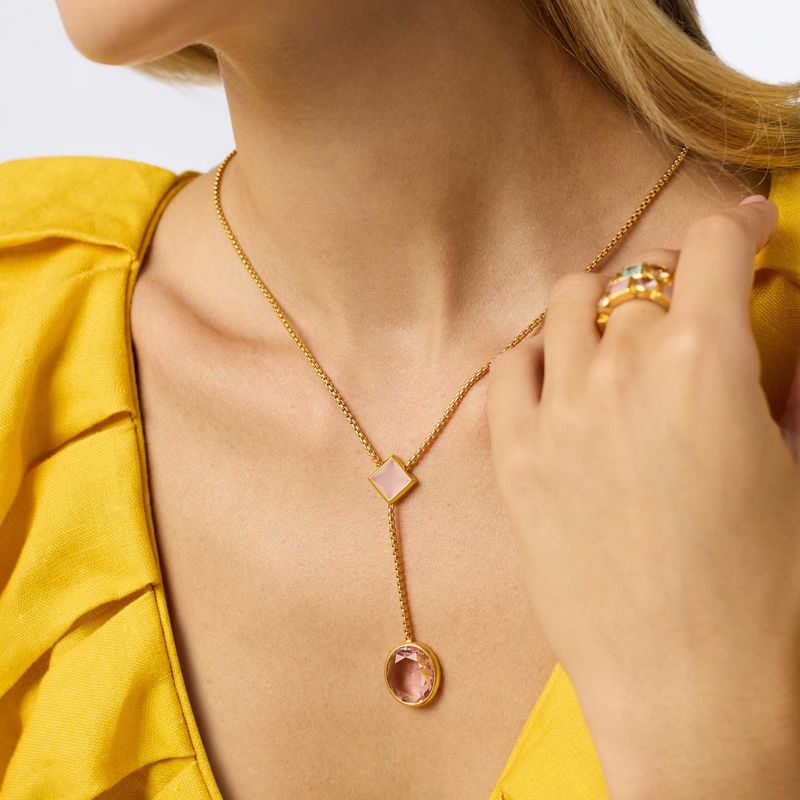 Julie Vos Jolie Lariat necklace in 24K gold plate, adjustable 18-20 inches, draped in a lifestyle setting