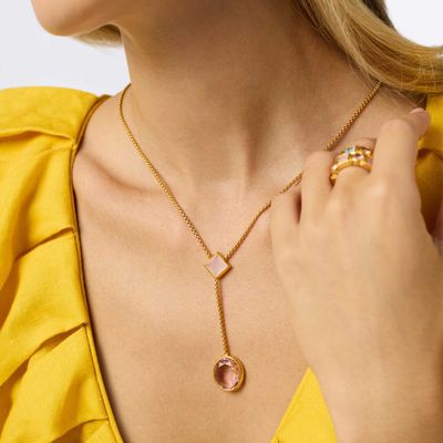 Julie Vos Jolie Lariat necklace in 24K gold plate, adjustable 18-20 inches, draped in a lifestyle setting