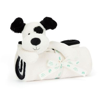 Jellycat Rufferty Puppy Blankie in black and cream, displayed against a neutral background in studio lighting