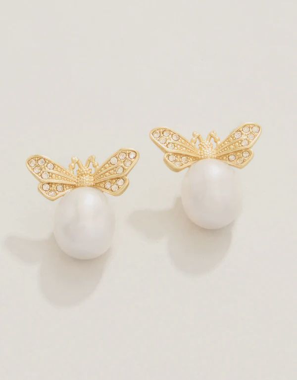 Vintage Bee Bauble Stud Earrings Pearl