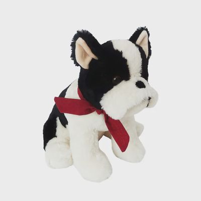 Mon Ami Francois French Bulldog plush toy, 12 inches tall, wearing a red bandana around its neck in a lifestyle display setting