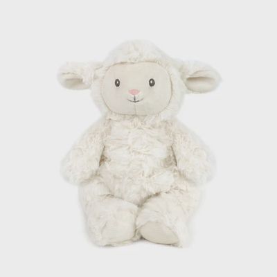 Mon Ami Curly Lamb stuffed animal in cream recycled plush with curled wool texture, 11 inches tall, shown isolated on white background
