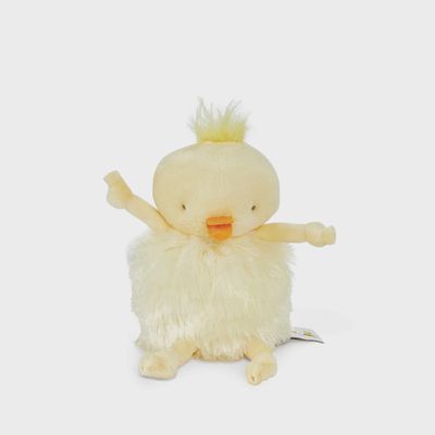 Bunnies by the Bay Roly Poly Peep yellow chick plush toy on white background, soft fabric with round body design