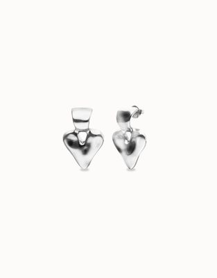 Uno de 50 Beat Collection small heart stud earrings displayed on a neutral background, showing the sculptural heart design and secure stud backs.