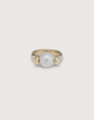 18K gold-plated Pearlmoon ring with blue amazonite stone worn on hand in lifestyle setting
