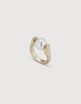 Uno de 50 Pearlmoon ring in 18K gold-plated brass with blue amazonite stone on white background