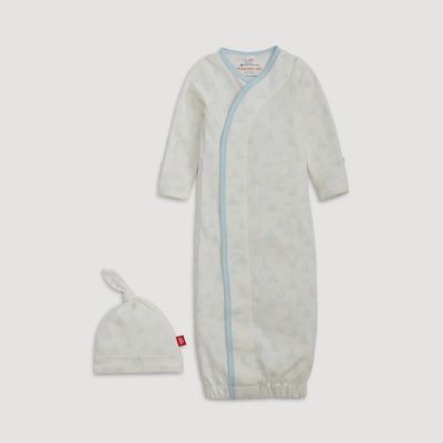 Tiny Tides organic cotton magnetic gown and matching hat set in soft blue tones displayed on a white background