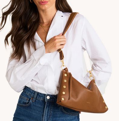 Hammitt Kyle Medium Crossbody – Mahogany Pebble with Brushed Gold &amp; Red Zip