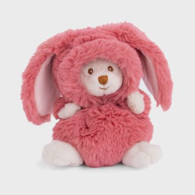 Bukowski Bears Ziggy Bear plush toy wearing a colorful bunny suit, isolated on white background