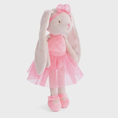 Bukowski Bears Zoe Bunny plush toy in ballerina pink soft fabric, displayed in a lifestyle setting