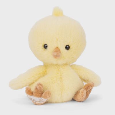 Yellow plush stuffed chick toy by Bukowski Bears with soft fabric and embroidered details, shown against a white background