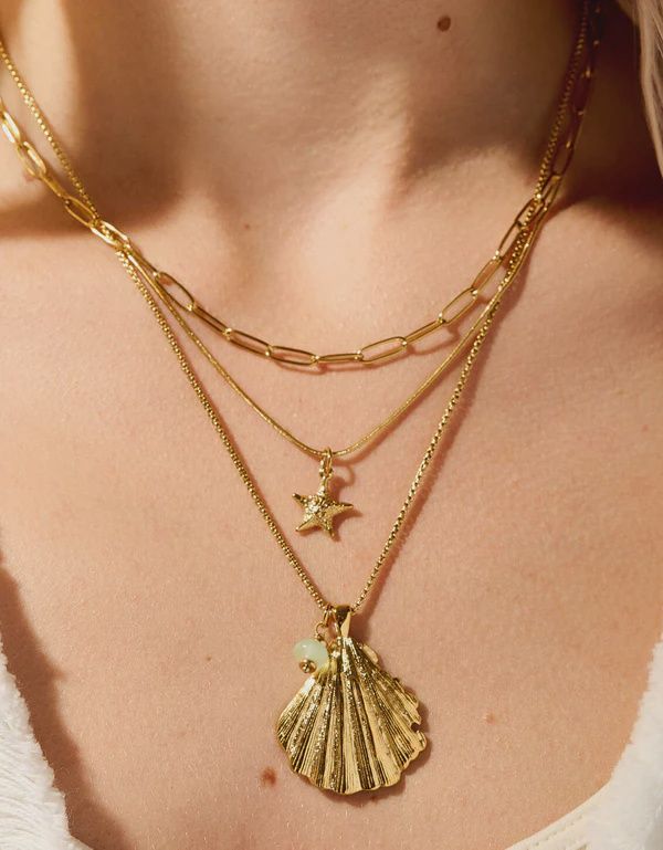 Scallop Shell Layered Necklace 18"