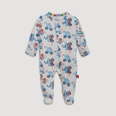 Magnetic Me modal footie pajama in I Wheel Survive print, displayed flat on white background in studio catalog shot