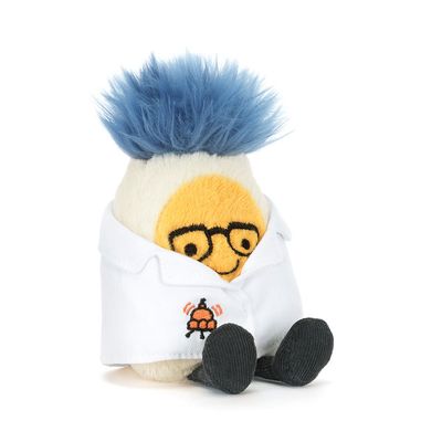 Jellycat Amuseables Boiled Egg Scientist plush toy with soft cream body, round egg-shaped form, and scientist outfit details on neutral background