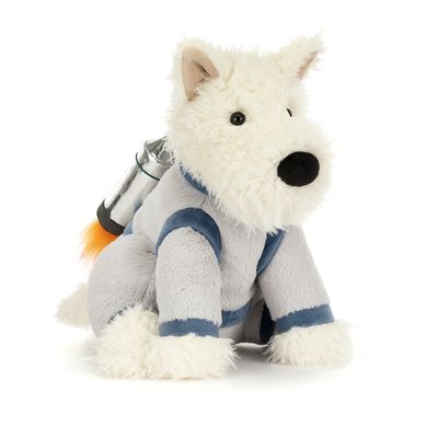 Jellycat Munro Scottie Dog plush toy wearing a gray space suit with helmet, shown against a white background