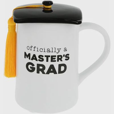Pavilion Master's Grad ceramic mug with lid, 17 ounces, shown on white background in studio lighting