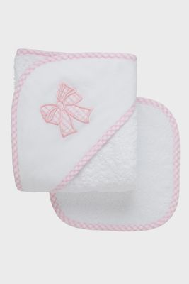 Pink hooded baby towel and washcloth set by 3 Marthas displayed against a white background, featuring a soft cotton design ready for monogramming