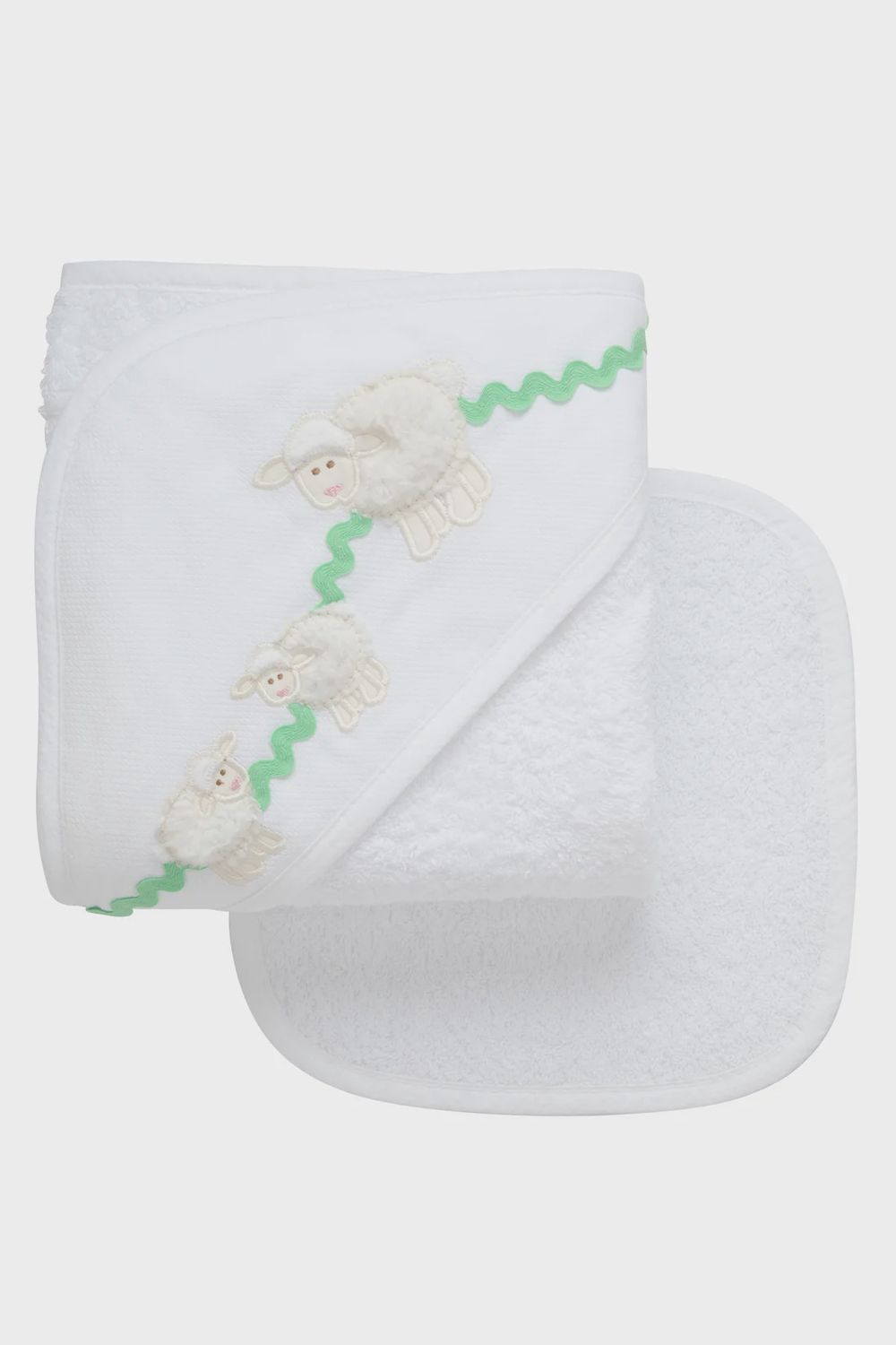 Lamb Baby Hooded Towel &amp; Washcloth Set, White