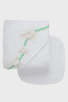 3 Marthas lamb hooded baby towel and washcloth set in cotton, 38x38 inches, displayed on white background
