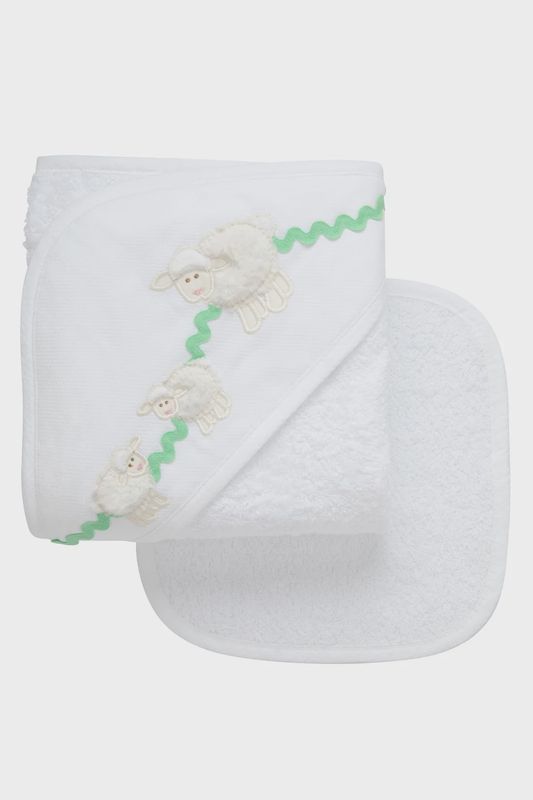 Lamb Baby Hooded Towel &amp; Washcloth Set, White