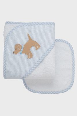 Blue hooded baby towel and washcloth set with puppy design from 3 Marthas, displayed on white background