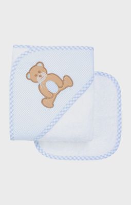 Blue hooded towel and washcloth set with teddy bear design from 3 Marthas, displayed on white background